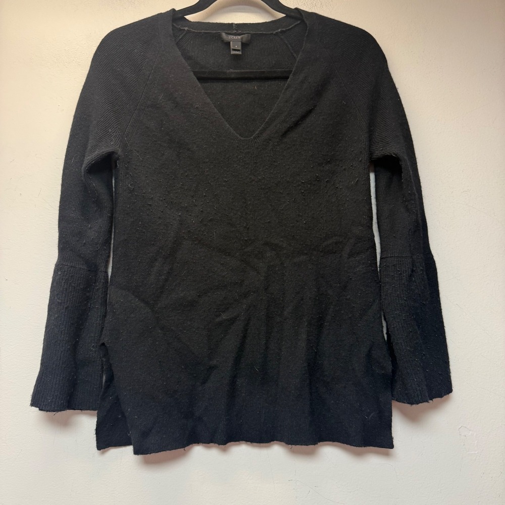 J.Crew V-Neck Sweater Womens Small Black Good Wool Blend Bell Sleeve 14824